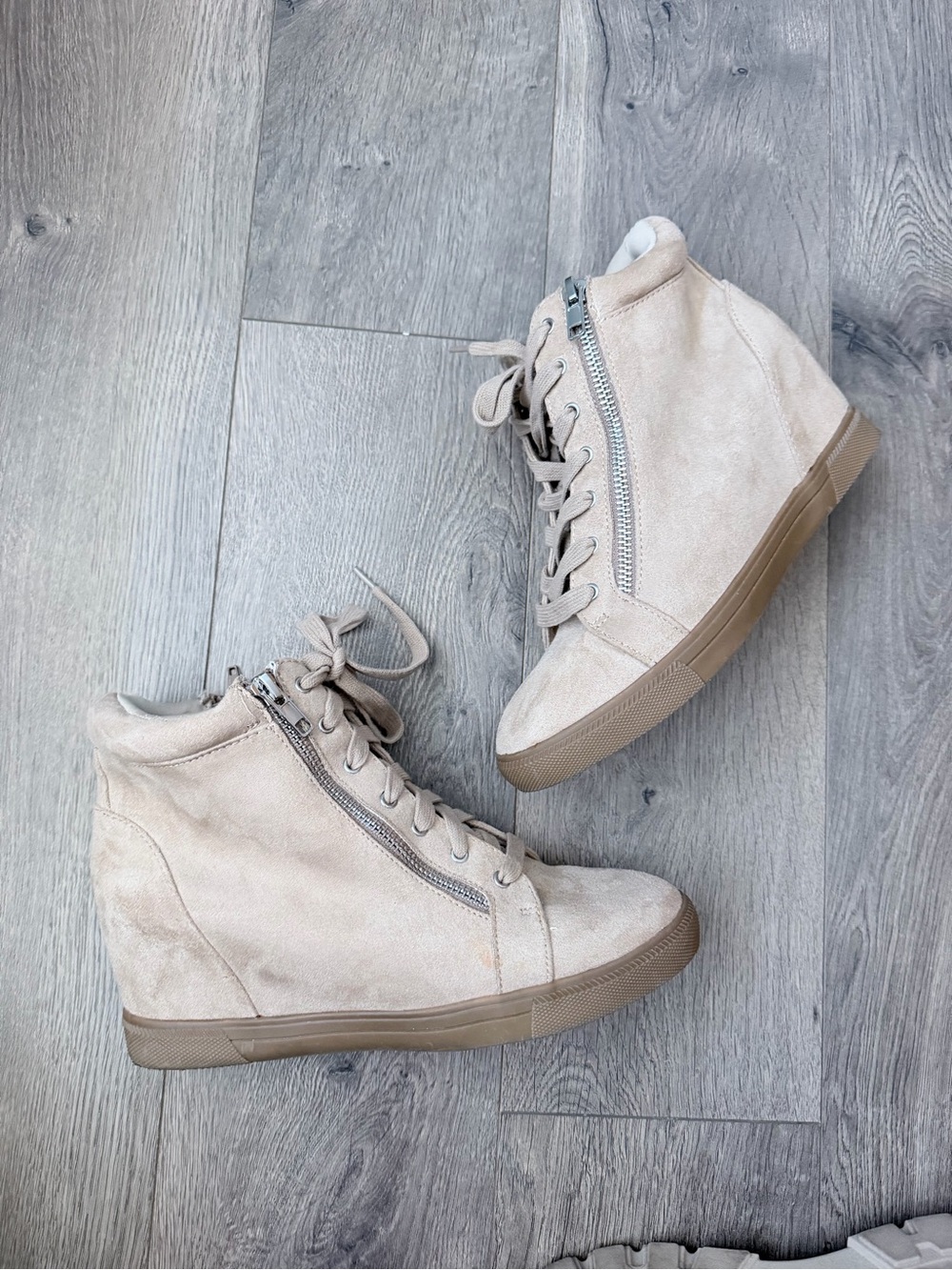 Maurices Beige Suede Lace-Up Wedge Boots